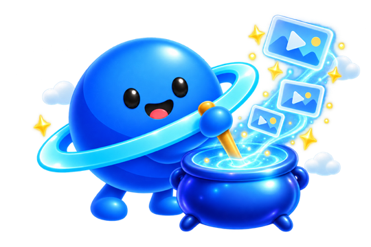 Maskot PLANET CUAN mengaduk kuali, kartu video keluar dari dalamnya